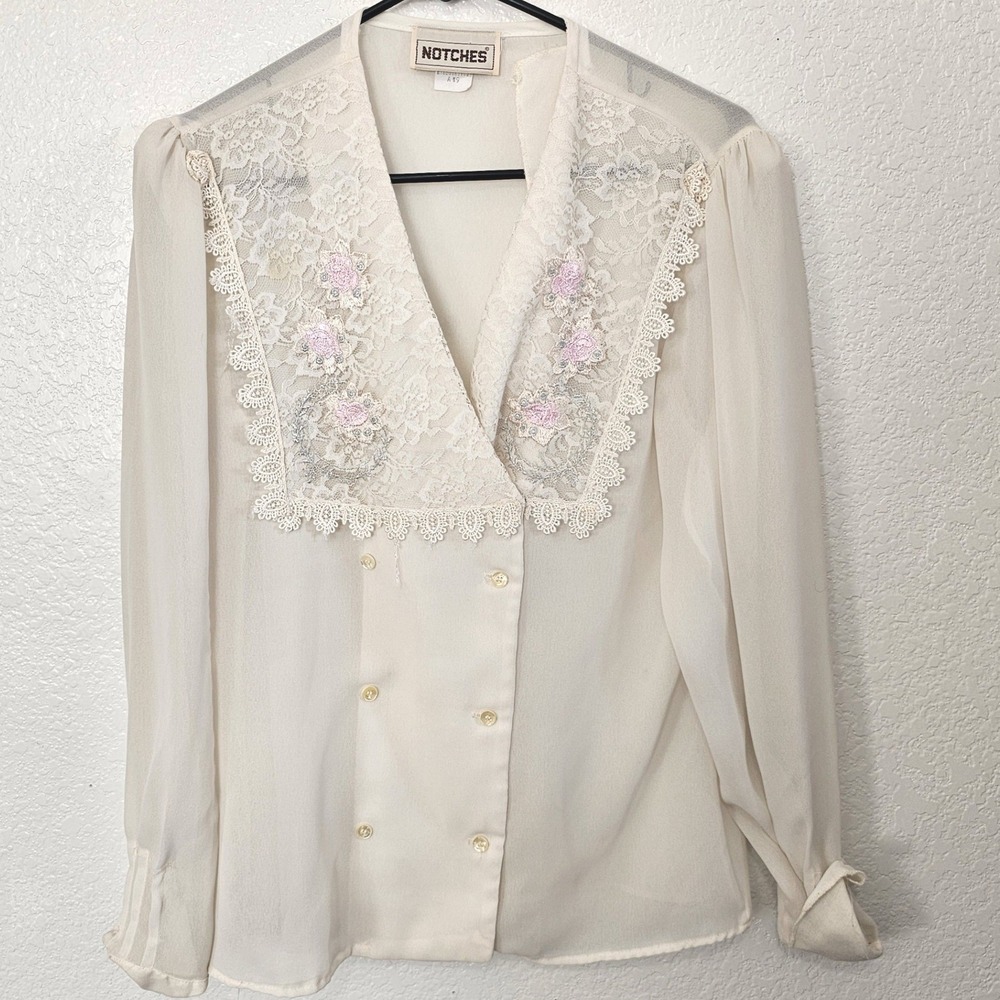 Vintage Notches Cream Lace Bib Blouse Floral Embroidered Sheer Long Sleeve Top 9